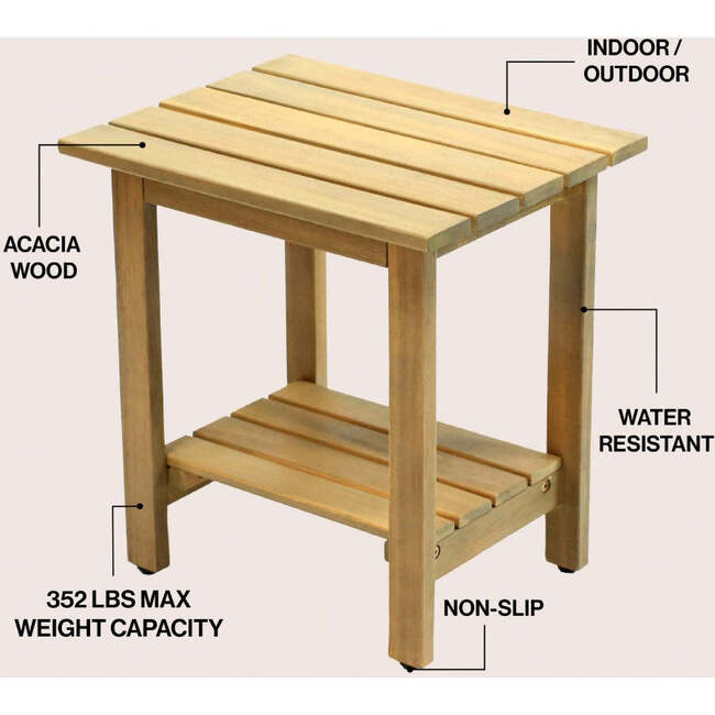 Kellie 16.1" Cottage Classic Slatted Solid Acacia Wood Indoor/Outdoor Side Table with Shelf, Light Teak - Accent Tables - 3