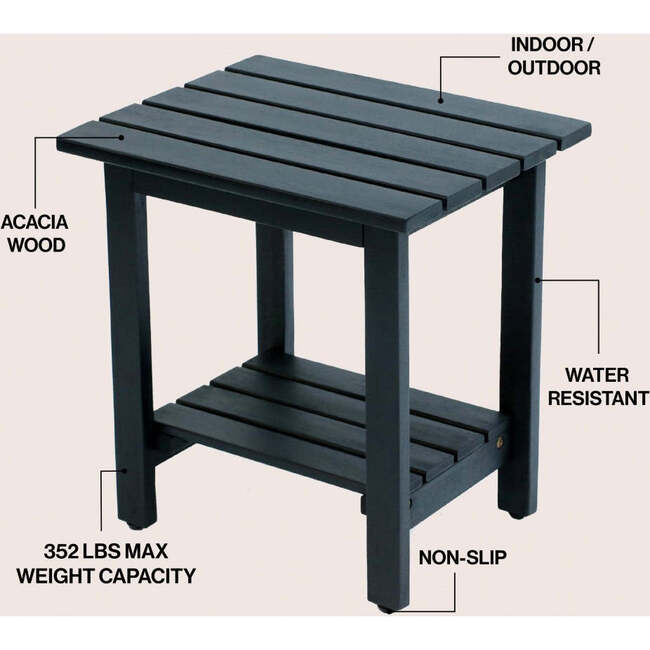 Kellie 16.1" Cottage Classic Slatted Solid Acacia Wood Indoor/Outdoor Side Table with Shelf, Black - Accent Tables - 3