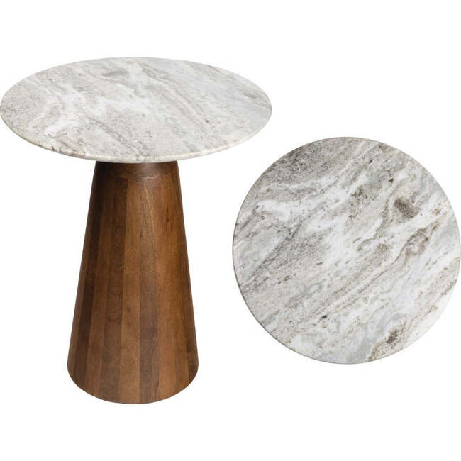 Kaito 18" Rustic Minimalist Round Marble/Wood Accent Table, White Marble/Honey Wood