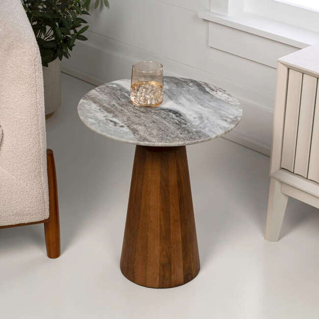 Kaito 18" Rustic Minimalist Round Marble/Wood Accent Table, White Marble/Honey Wood