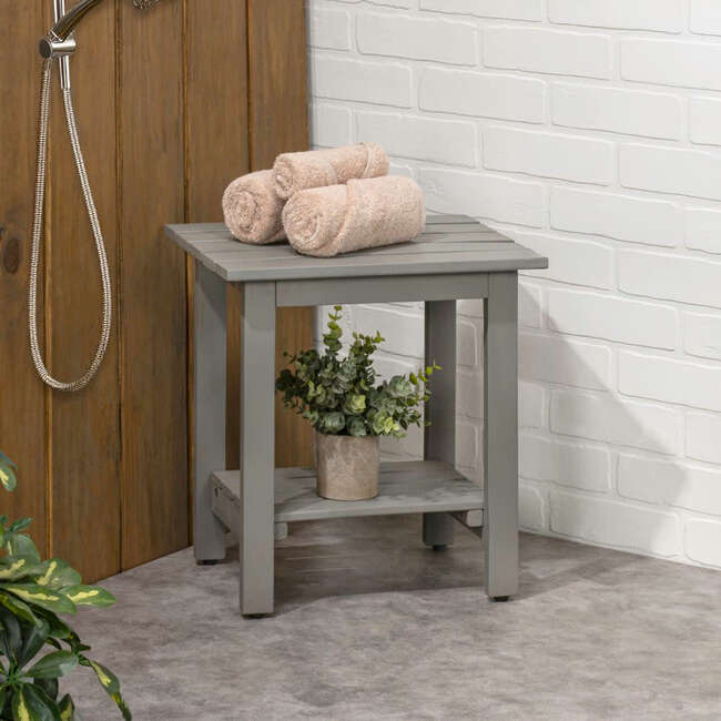 Kellie 16.1" Cottage Classic Slatted Solid Acacia Wood Indoor/Outdoor Side Table with Shelf, Gray - Accent Tables - 7