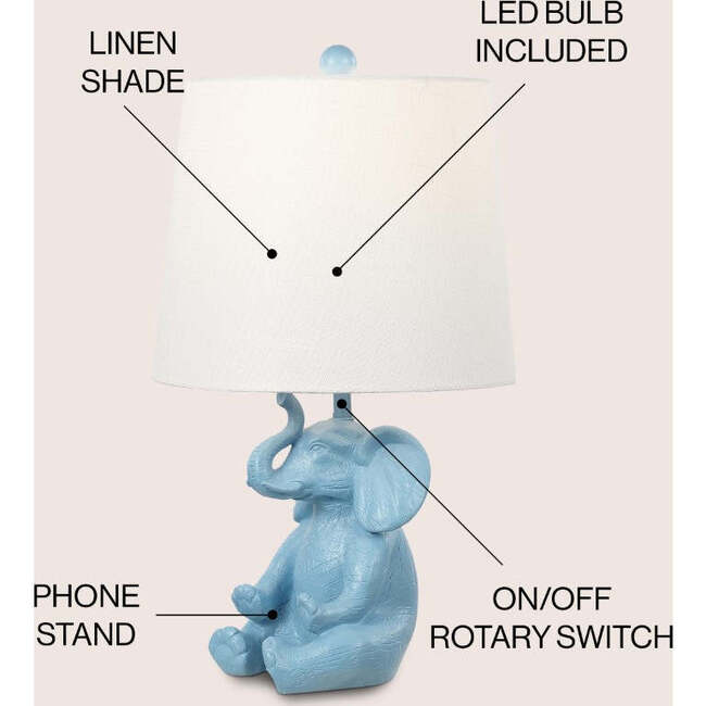 Kairi 21" Modern Shabby Chic Resin/Iron Happy Elephant LED Kids' Table Lamp with Phone Stand, Blue