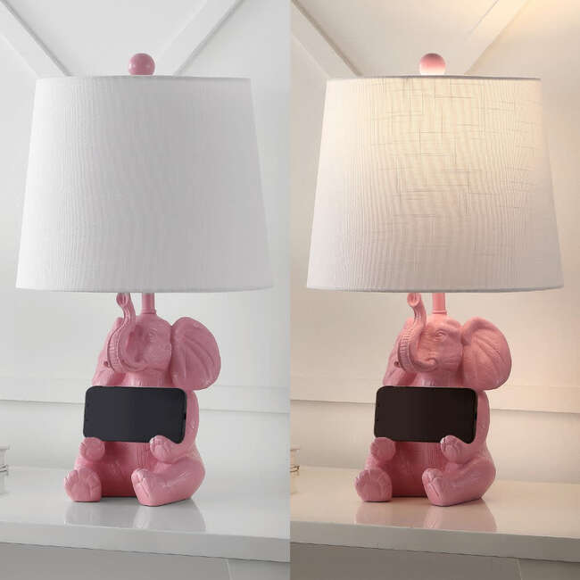 Kairi 21" Modern Shabby Chic Resin/Iron Happy Elephant LED Kids' Table Lamp with Phone Stand, Pink - Lighting - 5