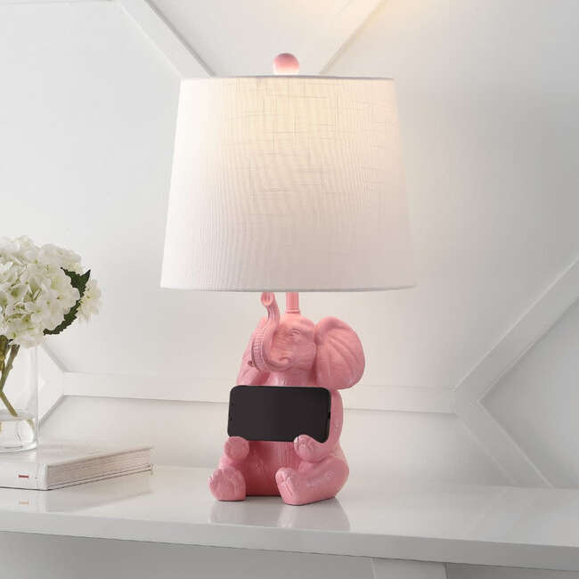 Kairi 21" Modern Shabby Chic Resin/Iron Happy Elephant LED Kids' Table Lamp with Phone Stand, Pink - Lighting - 6