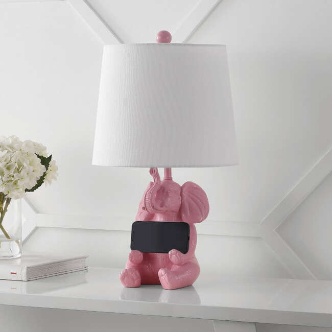 Kairi 21" Modern Shabby Chic Resin/Iron Happy Elephant LED Kids' Table Lamp with Phone Stand, Pink - Lighting - 7