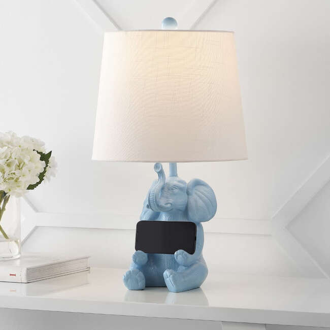 Kairi 21" Modern Shabby Chic Resin/Iron Happy Elephant LED Kids' Table Lamp with Phone Stand, Blue - Lighting - 6