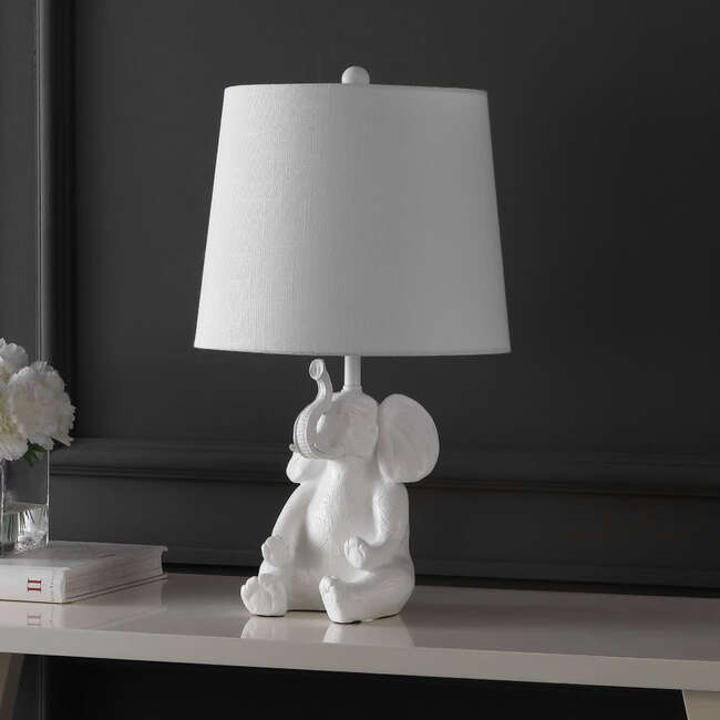 Kairi 21" Modern Shabby Chic Resin/Iron Happy Elephant LED Kids' Table Lamp with Phone Stand, White - Lighting - 7
