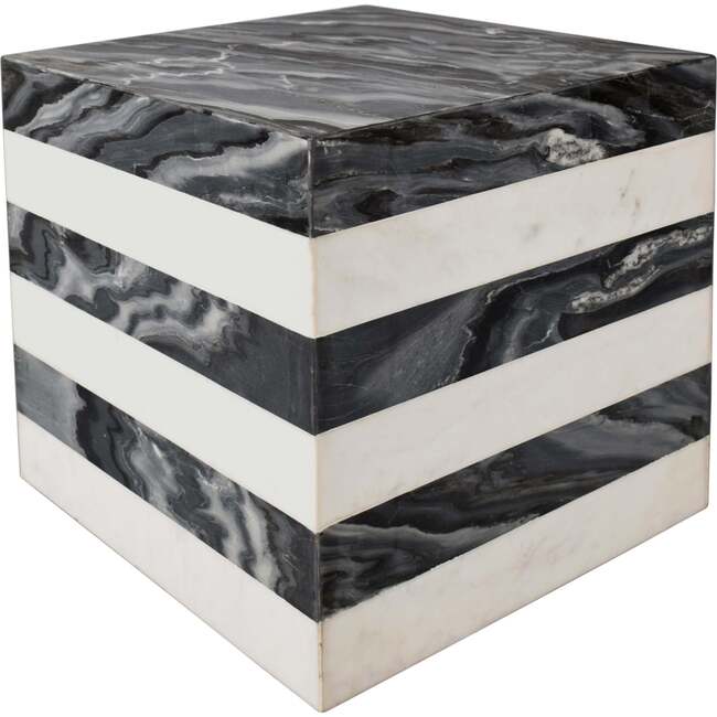 Felix 15.5" Contemporary Natural Marble Handmade Cube End Table, Black/White