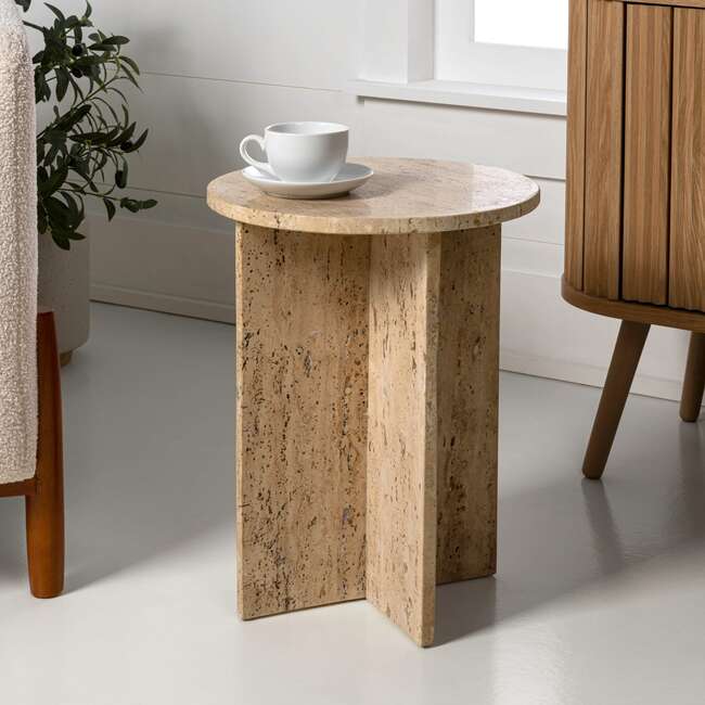 Javier 17.75" Contemporary Natural Marble Handmade X-Shaped End Table, Travertine