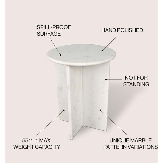 Javier 17.75" Contemporary Natural Marble Handmade X-Shaped End Table, White - Accent Tables - 3
