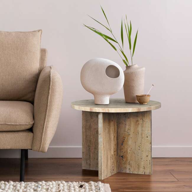 Javier 17.75" Contemporary Natural Marble Handmade X-Shaped End Table, Travertine - Accent Tables - 3