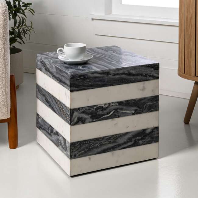 Felix 15.5" Contemporary Natural Marble Handmade Cube End Table, Black/White