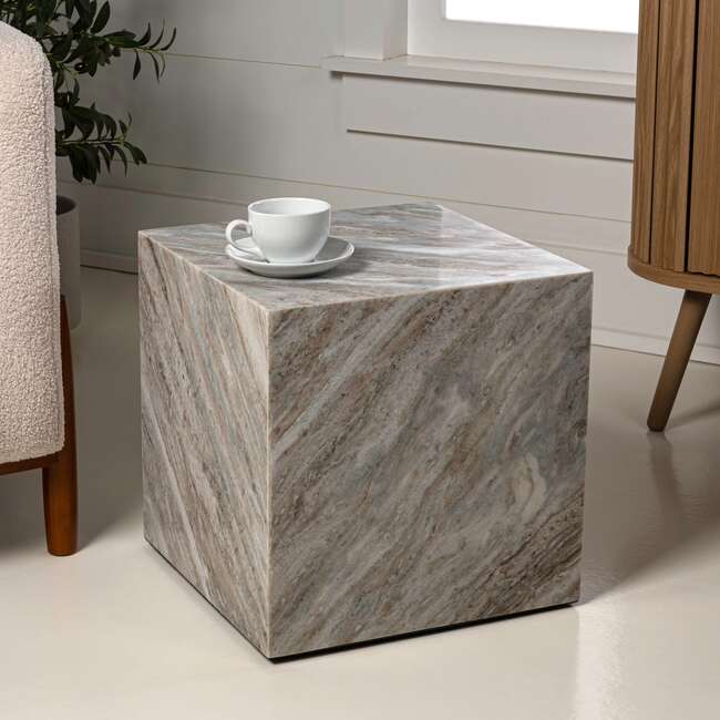 Felix 15" Contemporary Natural Marble Handmade Cube End Table, Gray/Beige