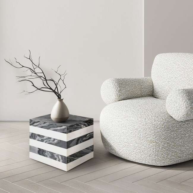 Felix 15.5" Contemporary Natural Marble Handmade Cube End Table, Black/White - Accent Tables - 3
