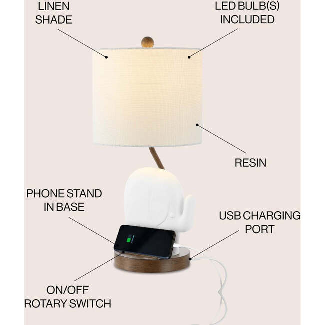 Ellie 20.25" Bohemian Designer Iron/Resin Elephant LED Kids' Table Lamp with Phone Stand and USB Charging Port, White