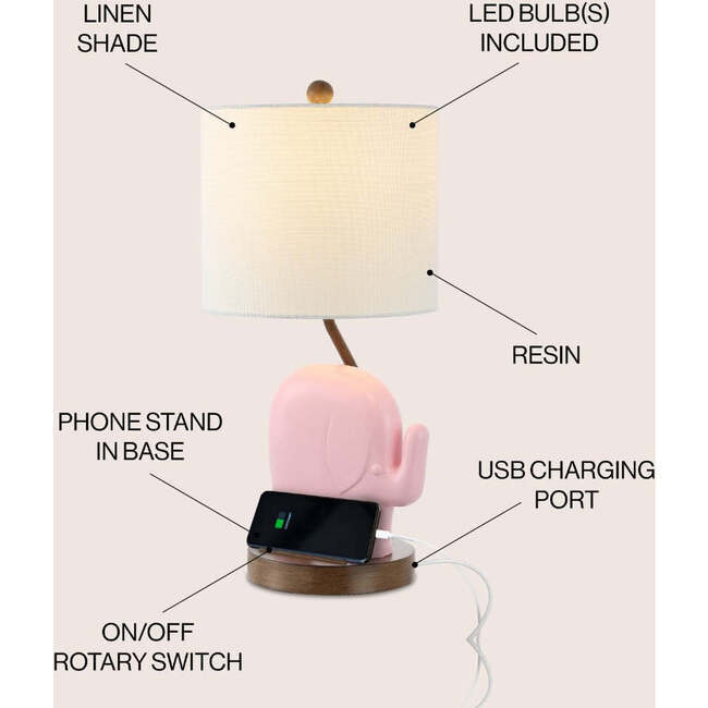 Ellie 20.25" Bohemian Designer Iron/Resin Elephant LED Kids' Table Lamp with Phone Stand and USB Charging Port, Pink