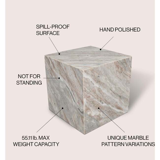 Felix 15" Contemporary Natural Marble Handmade Cube End Table, Gray/Beige - Accent Tables - 3