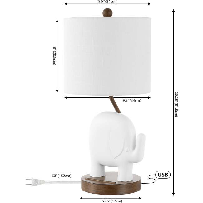 Ellie 20.25" Bohemian Designer Iron/Resin Elephant LED Kids' Table Lamp with Phone Stand and USB Charging Port, White - Lighting - 3