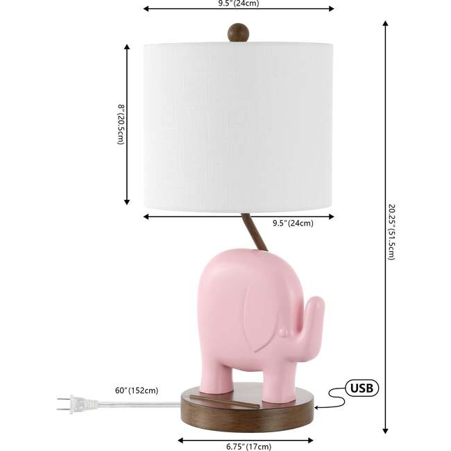 Ellie 20.25" Bohemian Designer Iron/Resin Elephant LED Kids' Table Lamp with Phone Stand and USB Charging Port, Pink - Lighting - 3