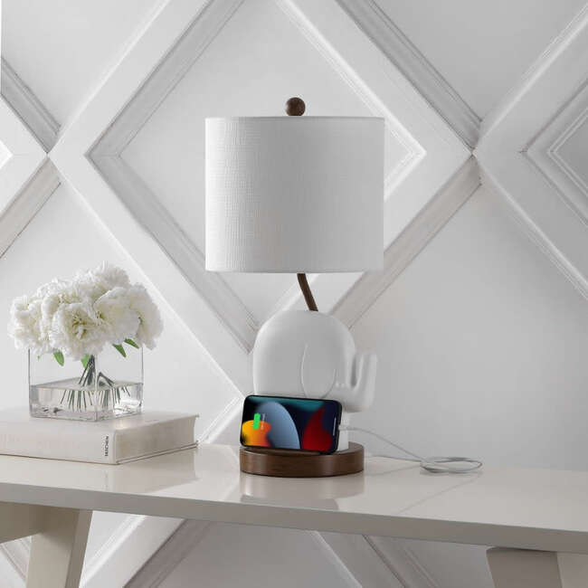 Ellie 20.25" Bohemian Designer Iron/Resin Elephant LED Kids' Table Lamp with Phone Stand and USB Charging Port, White - Lighting - 7