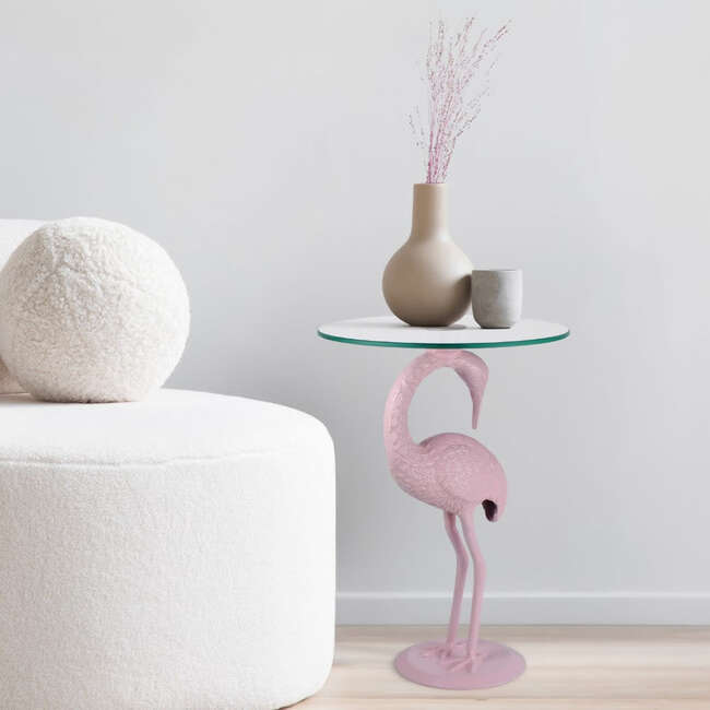 Blanche 25" Classic Mid-Century Glass Top Flamingo End Table, Pink