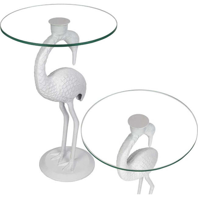 Blanche 25" Classic Mid-Century Glass Top Flamingo End Table, White