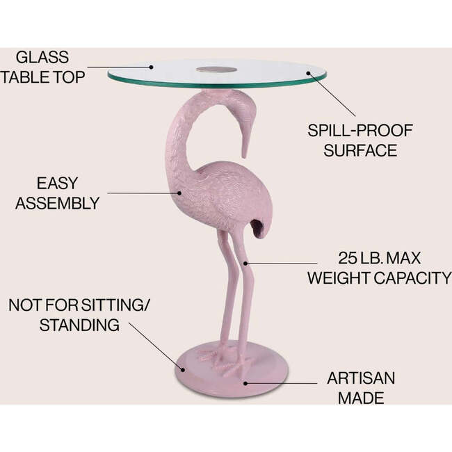 Blanche 25" Classic Mid-Century Glass Top Flamingo End Table, Pink - Accent Tables - 3
