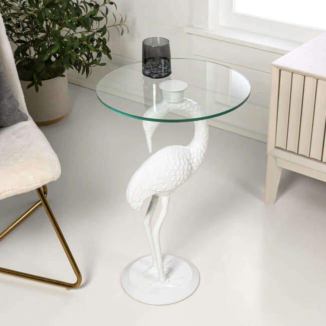 Blanche 25" Classic Mid-Century Glass Top Flamingo End Table, White