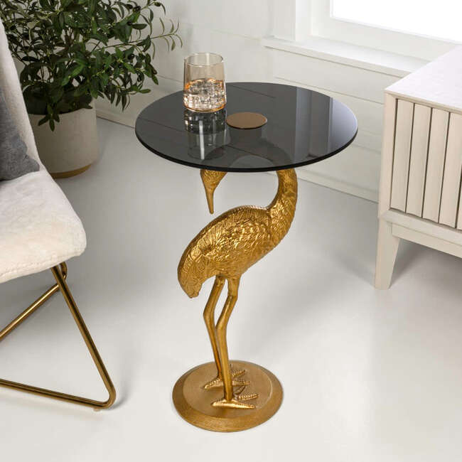 Blanche 25" Classic Mid-Century Glass Top Flamingo End Table, Gold