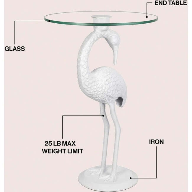 Blanche 25" Classic Mid-Century Glass Top Flamingo End Table, White - Accent Tables - 3