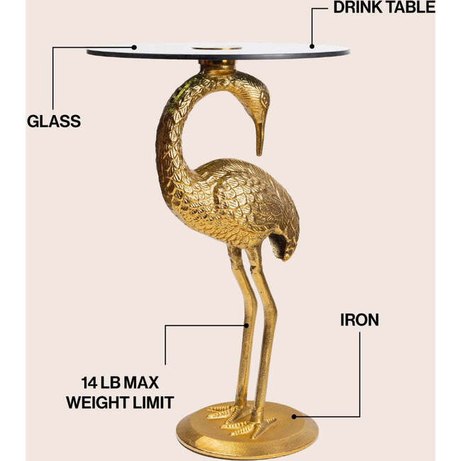 Blanche 25" Classic Mid-Century Glass Top Flamingo End Table, Gold - Accent Tables - 3