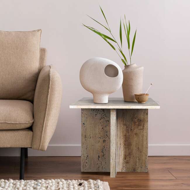 Cecil 18.5" Contemporary Natural Marble Handmade T-Shaped End Table, Travertine