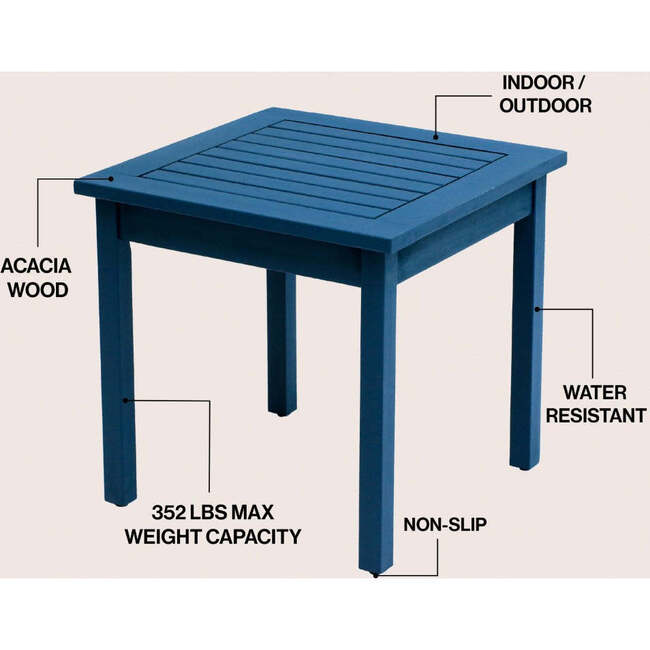 Archer 18.9" Modern Classic Square Slatted Solid Acacia Wood Indoor/Outdoor Adirondack Side Table, Nautical Blue - Accent Tables - 3
