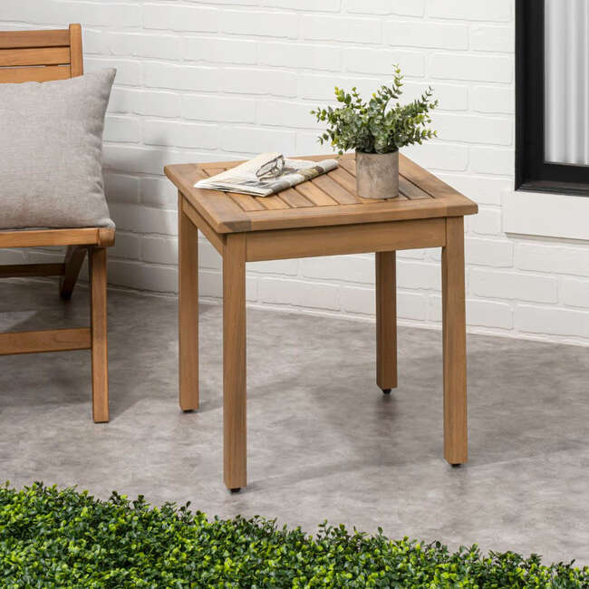 Archer 18.9" Modern Classic Square Slatted Solid Acacia Wood Indoor/Outdoor Adirondack Side Table, Light Teak