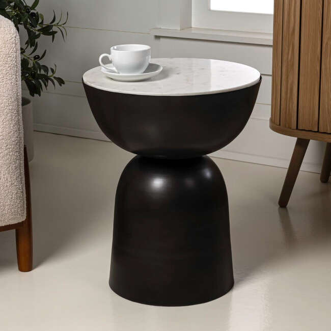 Atarah 20" Contemporary Natural Marble/Metal Handmade Hourglass End Table, Black/White
