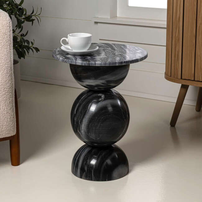 Aura 19" Modern Natural Marble Handmade Stacked Round Pedestal End Table, Dark Gray/Light Gray