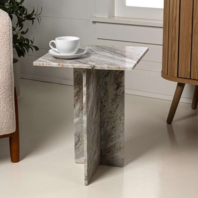 Cecil 18.5" Contemporary Natural Marble Handmade T-Shaped End Table, Gray/Beige