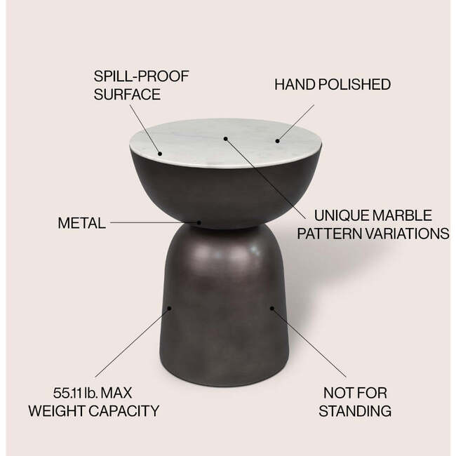 Atarah 20" Contemporary Natural Marble/Metal Handmade Hourglass End Table, Black/White - Accent Tables - 3