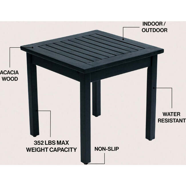 Archer 18.9" Modern Classic Square Slatted Solid Acacia Wood Indoor/Outdoor Adirondack Side Table, Black - Accent Tables - 3