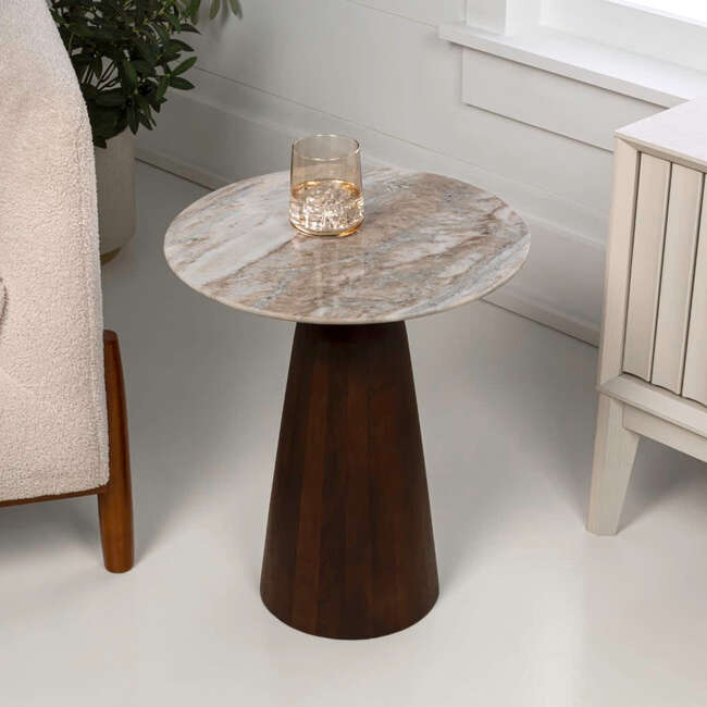 Kaito 18" Rustic Minimalist Round Marble/Wood Accent Table, White Marble/Walnut Wood