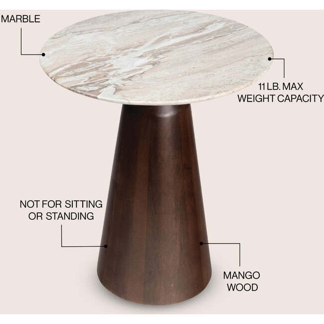 Kaito 18" Rustic Minimalist Round Marble/Wood Accent Table, White Marble/Walnut Wood - Accent Tables - 3