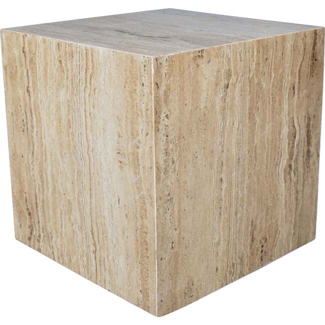 Felix 15" Contemporary Natural Marble Handmade Cube End Table, Travertine