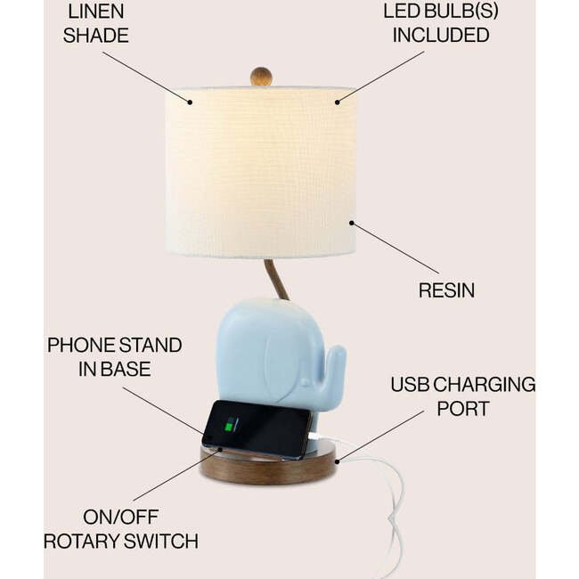 Ellie 20.25" Bohemian Designer Iron/Resin Elephant LED Kids' Table Lamp with Phone Stand and USB Charging Port, Blue