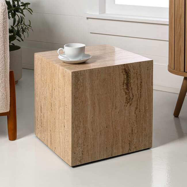 Felix 15" Contemporary Natural Marble Handmade Cube End Table, Travertine