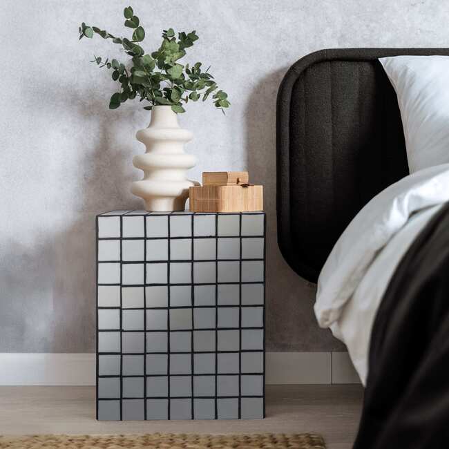 Callista 18" Modern Bohemian Ceramic Tiled Rectangle End Table, White/Black