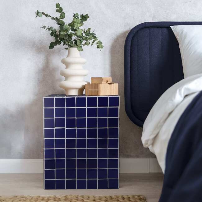 Callista 18" Modern Bohemian Ceramic Tiled Rectangle End Table, Navy/White