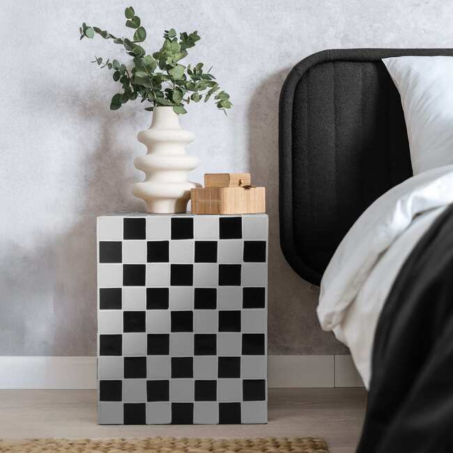 Callista 18" Modern Bohemian Ceramic Tiled Rectangle End Table, Light Gray/Black