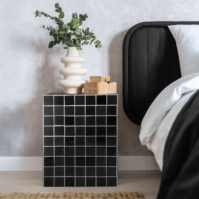 Callista 18" Modern Bohemian Ceramic Tiled Rectangle End Table, Black/White