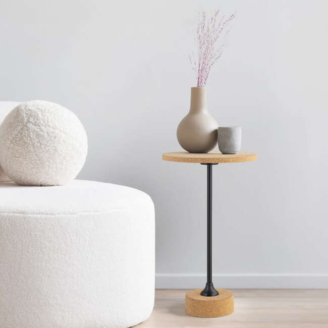 Calix 23.5" Contemporary Minimalist Metal/Cork Round End Table, Light Brown/Black