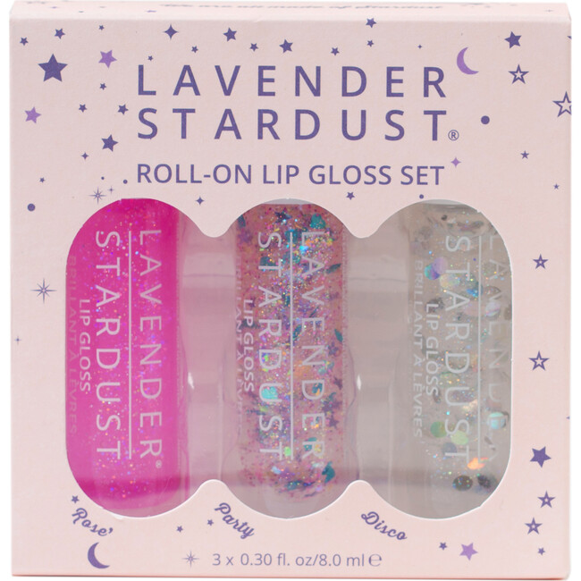 Lavender Stardust Roll On Lip Gloss Trio Box Set Rose Party Vanilla